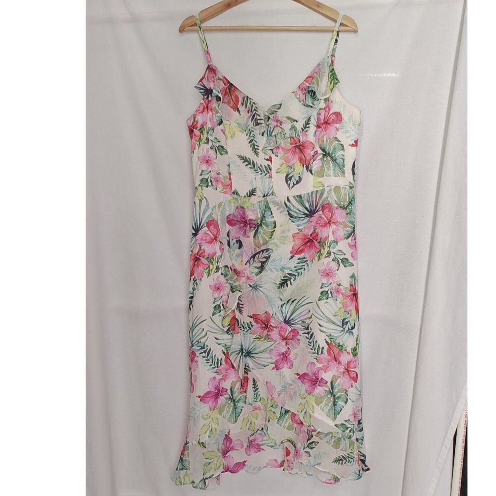 Kensie Midi Dress White Tropical Floral Hibiscus Print White Pink Green vneck 14